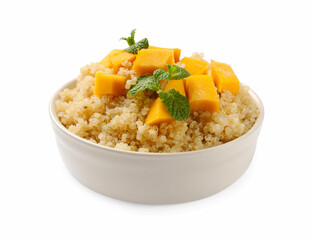 Tasty quinoa porridge with pumpkin and mint in bowl isolated on white