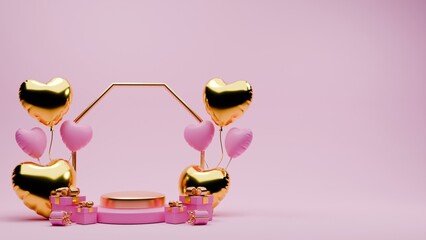 3D rendered pink and gold valentine themed podium display featuring of gift boxes and love balloons for banner template