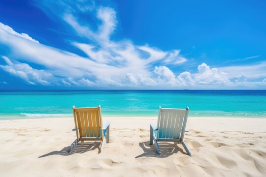 Two wooden deck chairs on sandy beach with turquoise sea and blue sky background