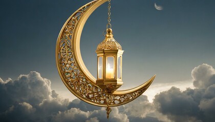 Fototapeta na wymiar Gilded Glow: Exquisite Lantern Dangling from a Crescent Moon