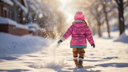 Back view of a little child flinging snow on a bright winter day