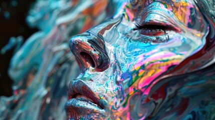 The face of a woman painted in different colors. Colorful abstract background