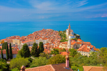 Panoramic view of Piran, Slovenia and the Adriatic sea 