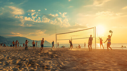 A group engaging in beach volleyball at sunset representing active leisure and teamwork.