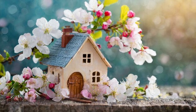 Miniature Bliss: Toy House Surrounded by Cherry Blossoms in Spring"