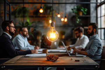 group of workers gathered around table with old light bulb light bulb, in the style of human-canvas integration, candid atmosphere, luminous sfumato, decisive moment - obrazy, fototapety, plakaty