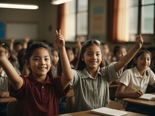 parent and childern raising hand in classroom