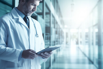 Naklejka na ściany i meble Healthcare and medicine. Medical and technology. Doctor working on digital tablet on hospital background