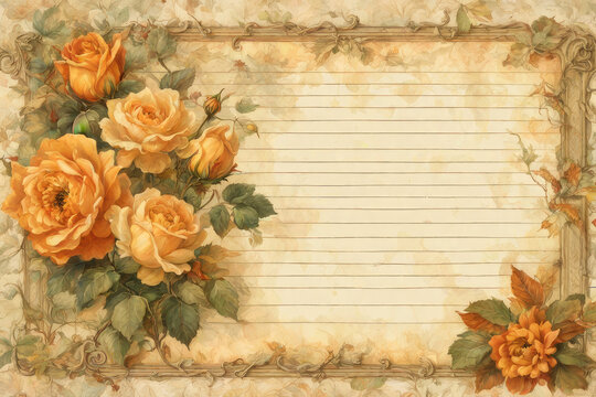 Vintage notepad sheet with border muted yellow and muted orange roses autumn leaves pum