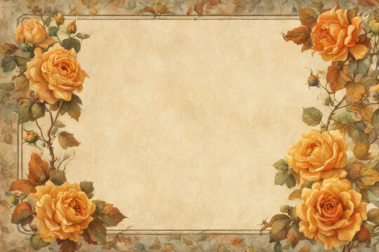 Vintage notepad sheet with border muted yellow and muted orange roses autumn leaves pum