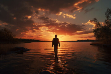 Fototapeta premium Back view of a person walking in a lake