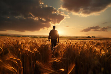 Back view of a person walking in a field