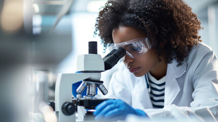 scientist using a microscope in a laboratory setting - obrazy, fototapety, plakaty