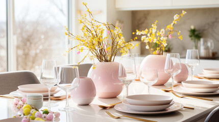 Modern kitchen with set of dishes in pastel pink and cherry blossoms. Spring table setting for Easter, in cozy kitchen