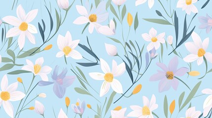 Fototapeta na wymiar Spring flowers seamless background drawing. Vibrant and colorful illustration of blooming flowers