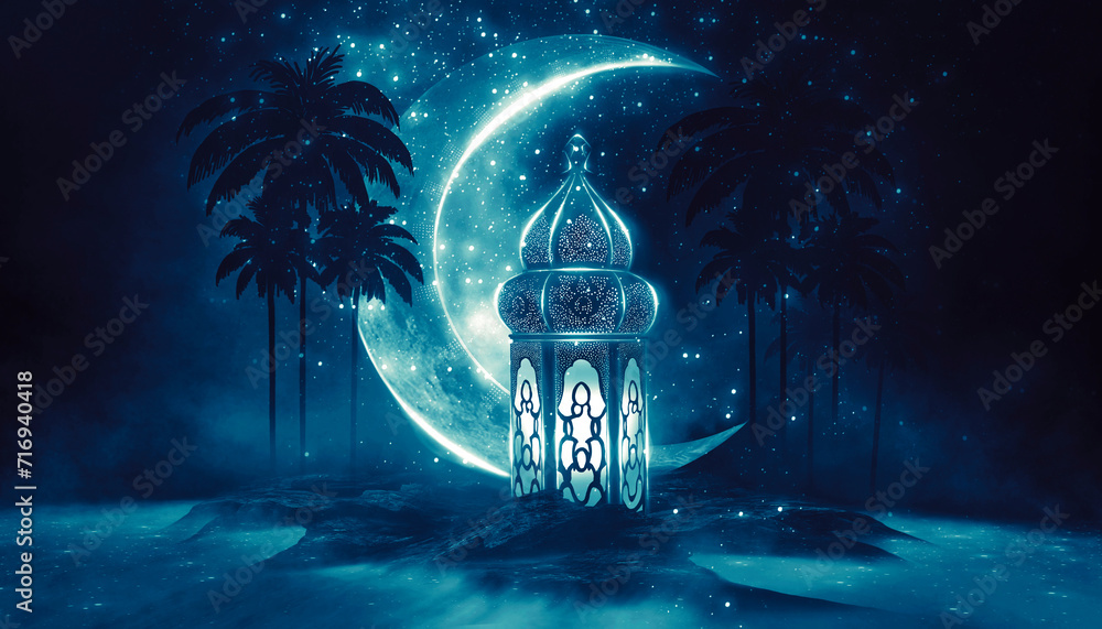 Wall mural fantasy night landscape with crescent moon, palm trees and arabic lantern of ramadan celebration bac