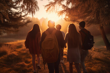 Group of friends taking a walk in the park from behind
