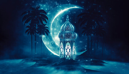 Fantasy night landscape with crescent moon, palm trees and arabic lantern of ramadan celebration background, neon.  - obrazy, fototapety, plakaty
