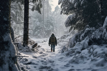 Man walking through a snowy forest