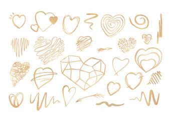 Set of hand drawn gold abstract Valentine's Day hearts in doodle style