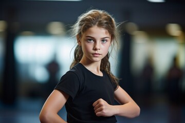 Fototapeta premium Portrait of an inspired kid female doing a kickboxing class in a gym. With generative AI technology