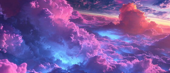 A fantastical cloudscape with majestic cumulus clouds infused with pink and blue hues, resembling a dreamy cotton candy sky, suitable for imaginative backdrops, fantasy illustrations, or creative