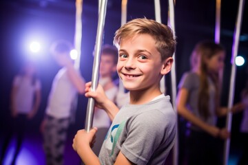 Obraz premium Portrait of a satisfied kid male practicing pole dance in a studio. With generative AI technology