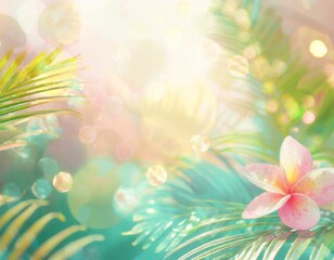 Opalizing pastel background with colorful tropical jungle leaves and flowers. Copyspace, bokeh effect. 
