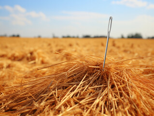 A single needle standing on a haystack, with a clear blue sky in the background. Concept of the saying "it's harder than finding a needle in a haystack".