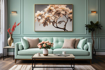 Experience the freshness of a living space adorned with a soft color mint sofa and a suitable table, framed against an empty canvas ready for your creative expressions.