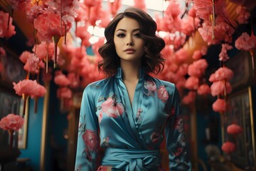 A futuristic, neon-lit cityscape reflected in the captivating eyes of a Japanese model surrounded by virtual cherry blossoms against a teal pastel wall