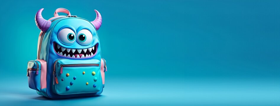 Banni&egrave;re rentr&eacute;e scolaire, c'est la rentr&eacute;e ! Cartable monstre heureux isol&eacute; sur fond bleu - IA g&eacute;n&eacute;rative