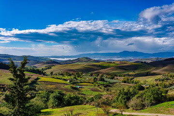 Panoramic view of the Tuscan countryside surrounding the town of San Casciano dei Bagni Siena Tuscany Italy