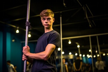 Portrait of a determined boy in his 20s practicing pole dance in a studio. With generative AI technology