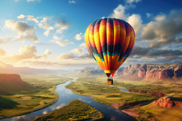 Obraz premium A hot air balloon soaring over a vast and colorful landscape.