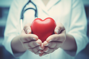 Doctor's hand holding a red heart shape in a hospital. love, donor, world heart day, health,insurance concept