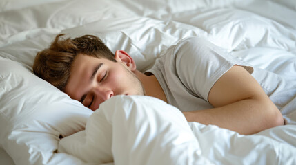 Obraz na płótnie Canvas male asleep in a comfortable white bed