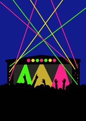 Illustration of a music festival at nighttime.. Festival time with lit up main stage and lasers shining into the sky. Music festival like Glastonbury. Festival art. Lights and laser. Hands in air rave