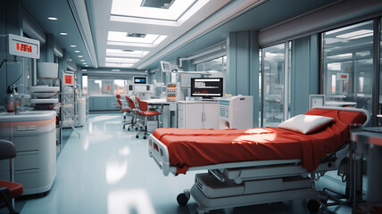 Interior of emergency room in modern clinic with row of empty hospital beds, nurses station and various medical equipment. 3D illustration on health care theme from my own 3D rendering file