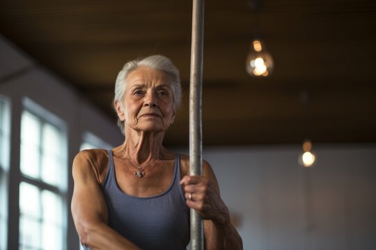 Portrait of a satisfied old woman practicing pole dance in a studio. With generative AI technology
