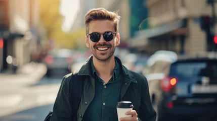 Poster cheerful young man wearing sunglasses and a casual shirt, holding a coffee cup © MP Studio