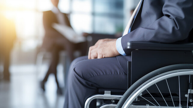 man in wheelchair with physical disability mobility disorder. concept of disability inclusion, insurance, equipment accessibility. banner with copy space