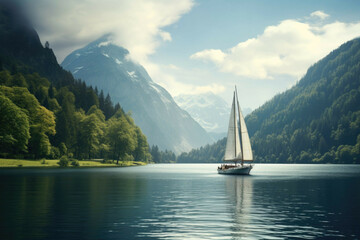 Sailboat on a tranquil lake with a scenic backdrop. - obrazy, fototapety, plakaty