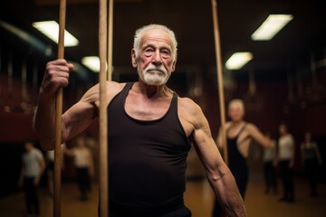 Fototapeta na wymiar Portrait of a focused old man practicing pole dance in a studio. With generative AI technology
