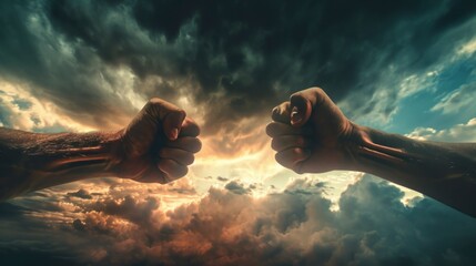 men bumping fists against the background of the sky with clouds in a beautiful sunset - obrazy, fototapety, plakaty