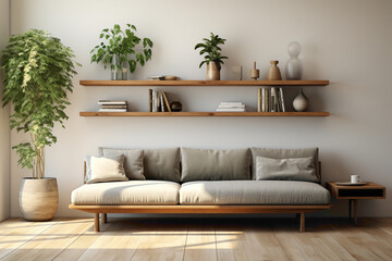Enhance your living space with functional elegance. Picture a wood floating shelf on a clean white wall.
