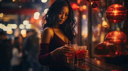 Fashionable Asian woman holding cocktails in a vibrant night club setting