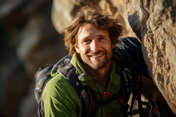 Obraz premium Portrait of a relaxed boy in his 30s practicing outdoor rock climbing. With generative AI technology