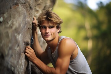 Portrait of a relaxed boy in his 30s practicing outdoor rock climbing. With generative AI technology