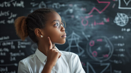 thoughtful young student standing in front of a blackboard filled with complex scientific formulas